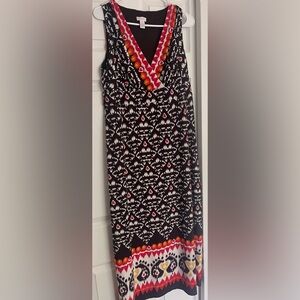 Chico's Black White Orange Red Sleeveless Dress Aztec MAXI Sz 8 Medium Tribal